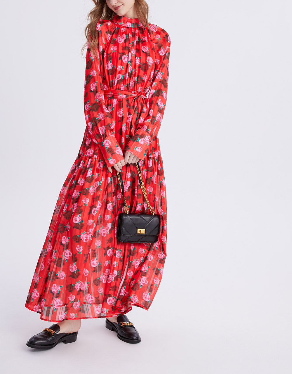 7 Floral Print Belted Maxi Chiffon Dress