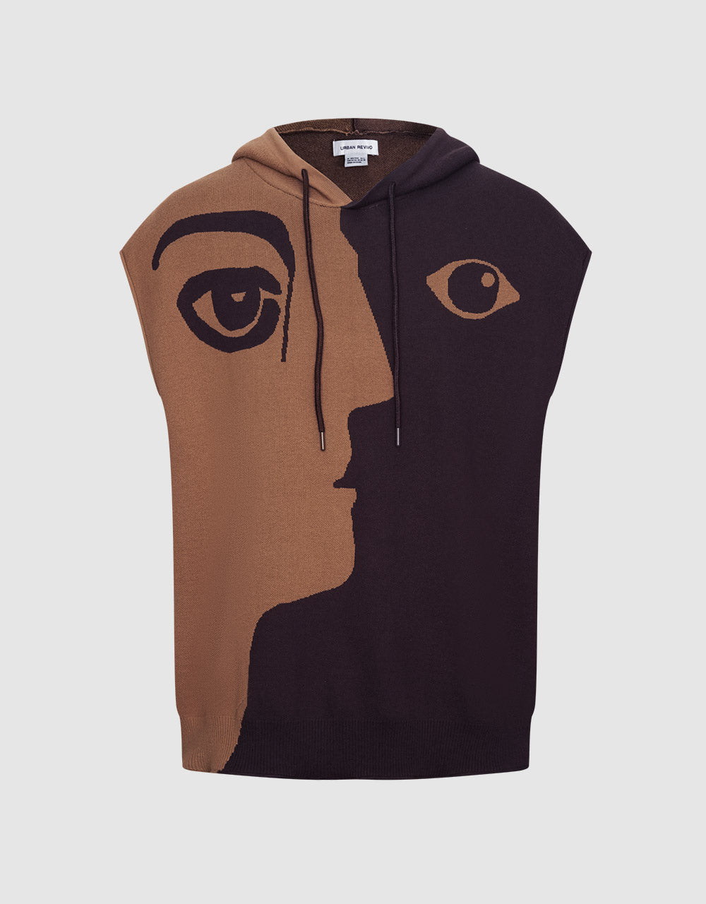 Two Tone Abstract Face Knitted Sleeveless Hoodie