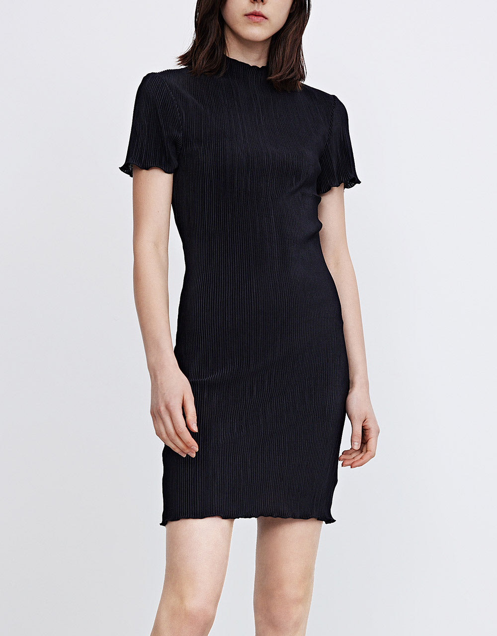 7 Lettuce Trim Mid-High Neck Solid Dress