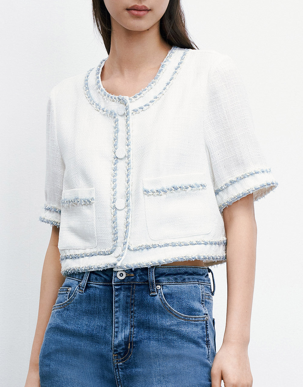 7 Contrast Raw Trim Short Sleeve Crop Jacket