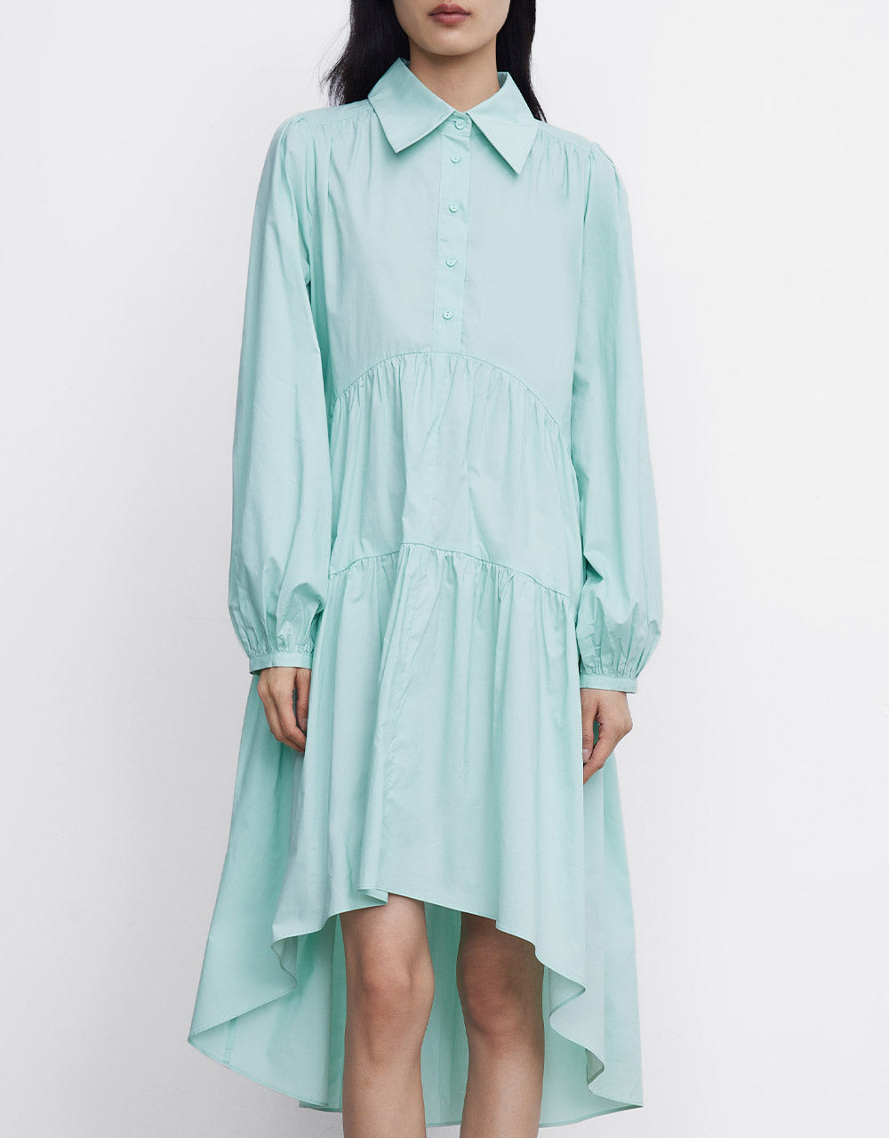 7 Puff Sleeve Asymmetrical Hem Shirt Dress