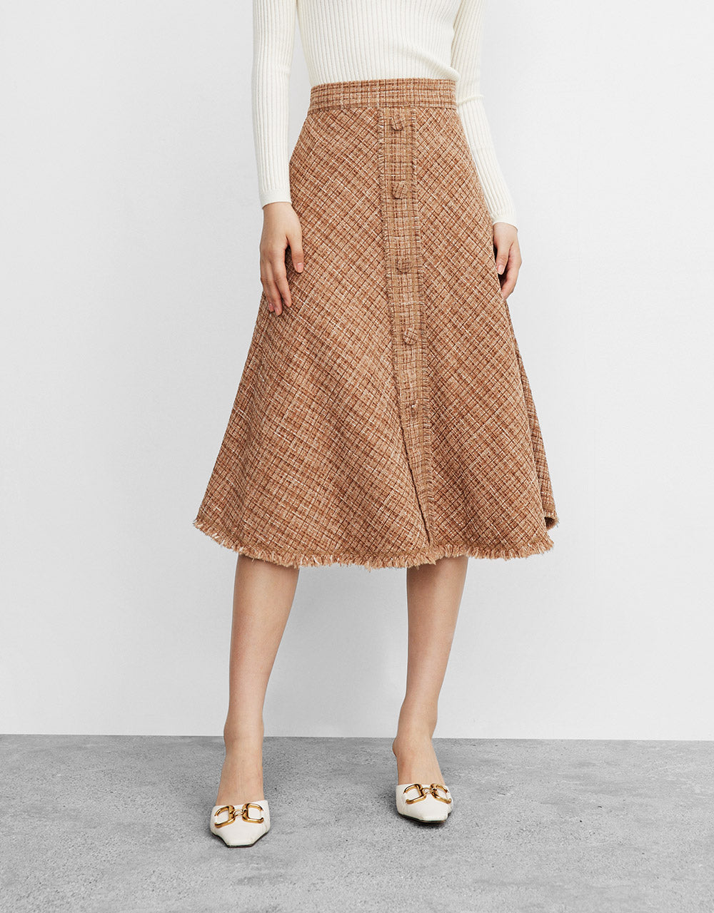 7 Raw Hem Plaid Pattern Midi Skirt