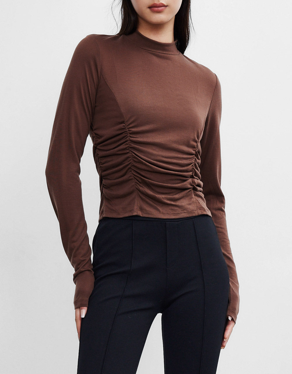 7 Mock Neck Ruched Detail Fitted Top