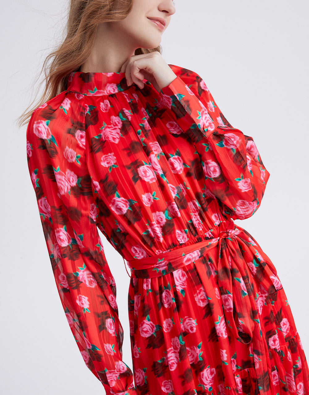 7 Floral Print Belted Maxi Chiffon Dress