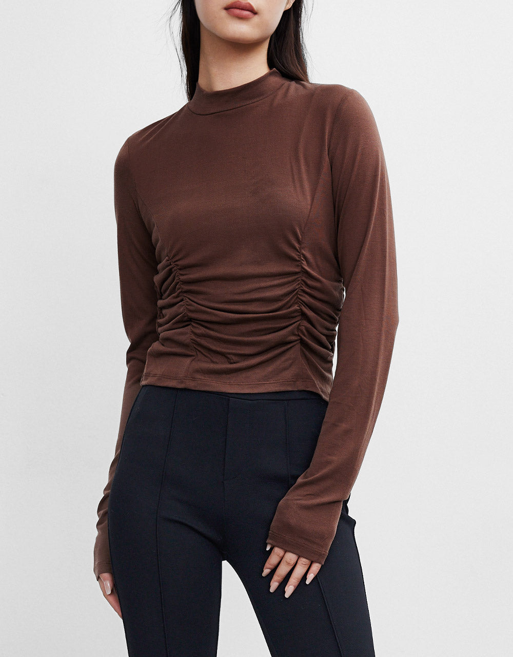 7 Mock Neck Ruched Detail Fitted Top