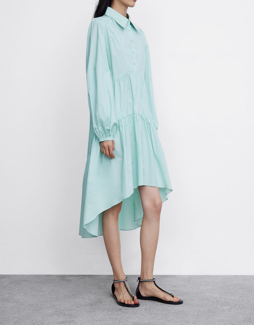 7 Puff Sleeve Asymmetrical Hem Shirt Dress