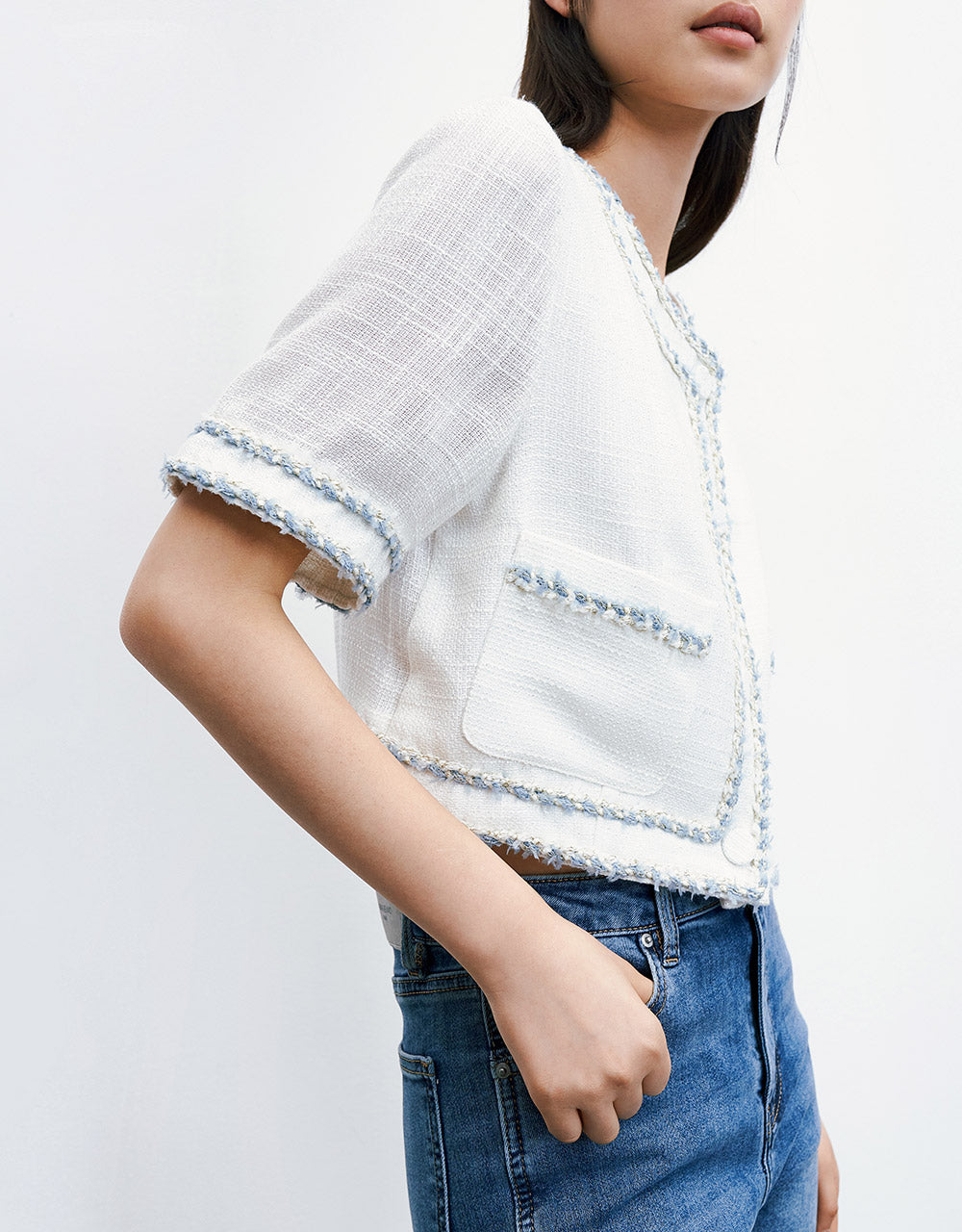 7 Contrast Raw Trim Short Sleeve Crop Jacket