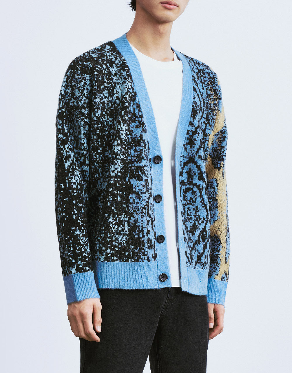 Unisex Jacquard Contrast Trim Button Up Cardigan