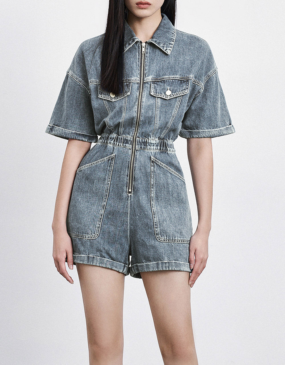 7 Zip Front Flap Pocket Denim Romper Playsuit