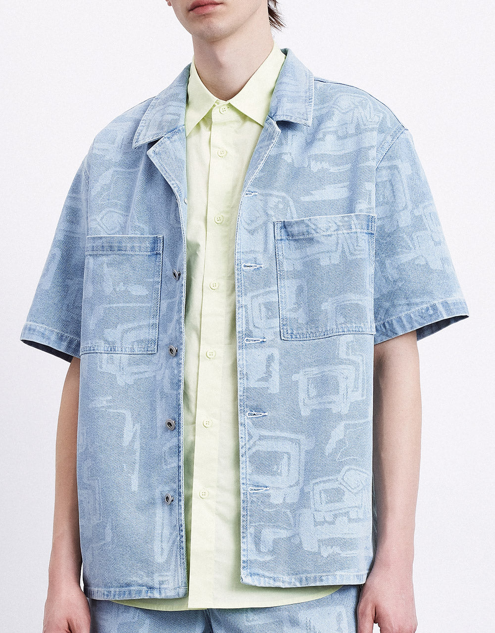 Graffiti Abstract Print Short Sleeve Denim Shirt