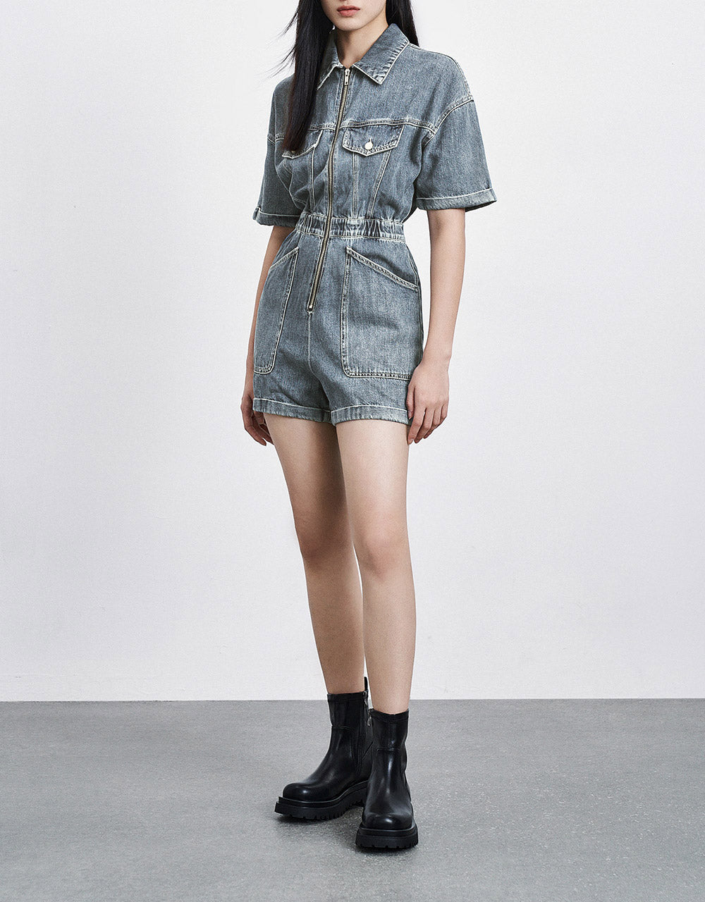 7 Zip Front Flap Pocket Denim Romper Playsuit