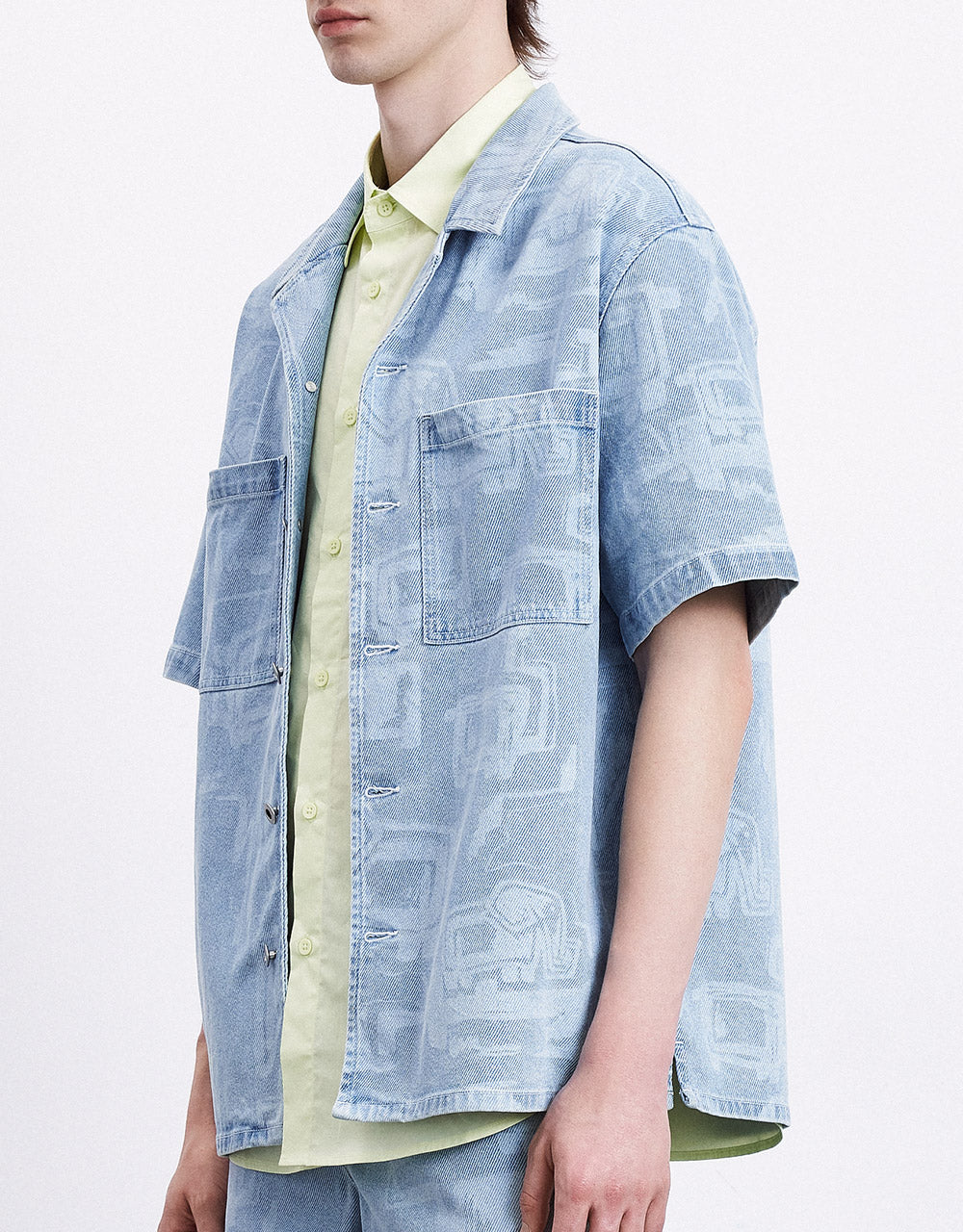 Graffiti Abstract Print Short Sleeve Denim Shirt