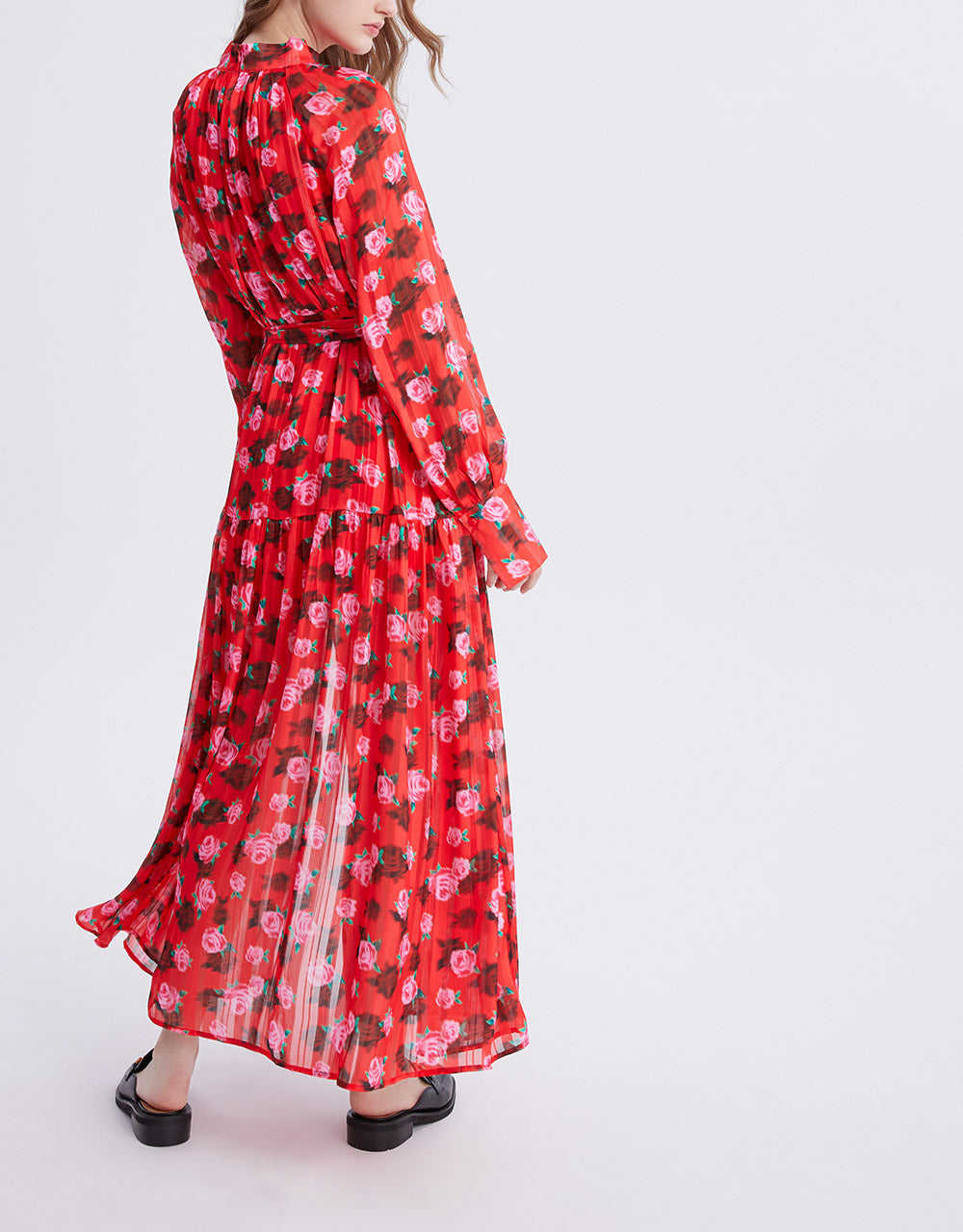 7 Floral Print Belted Maxi Chiffon Dress