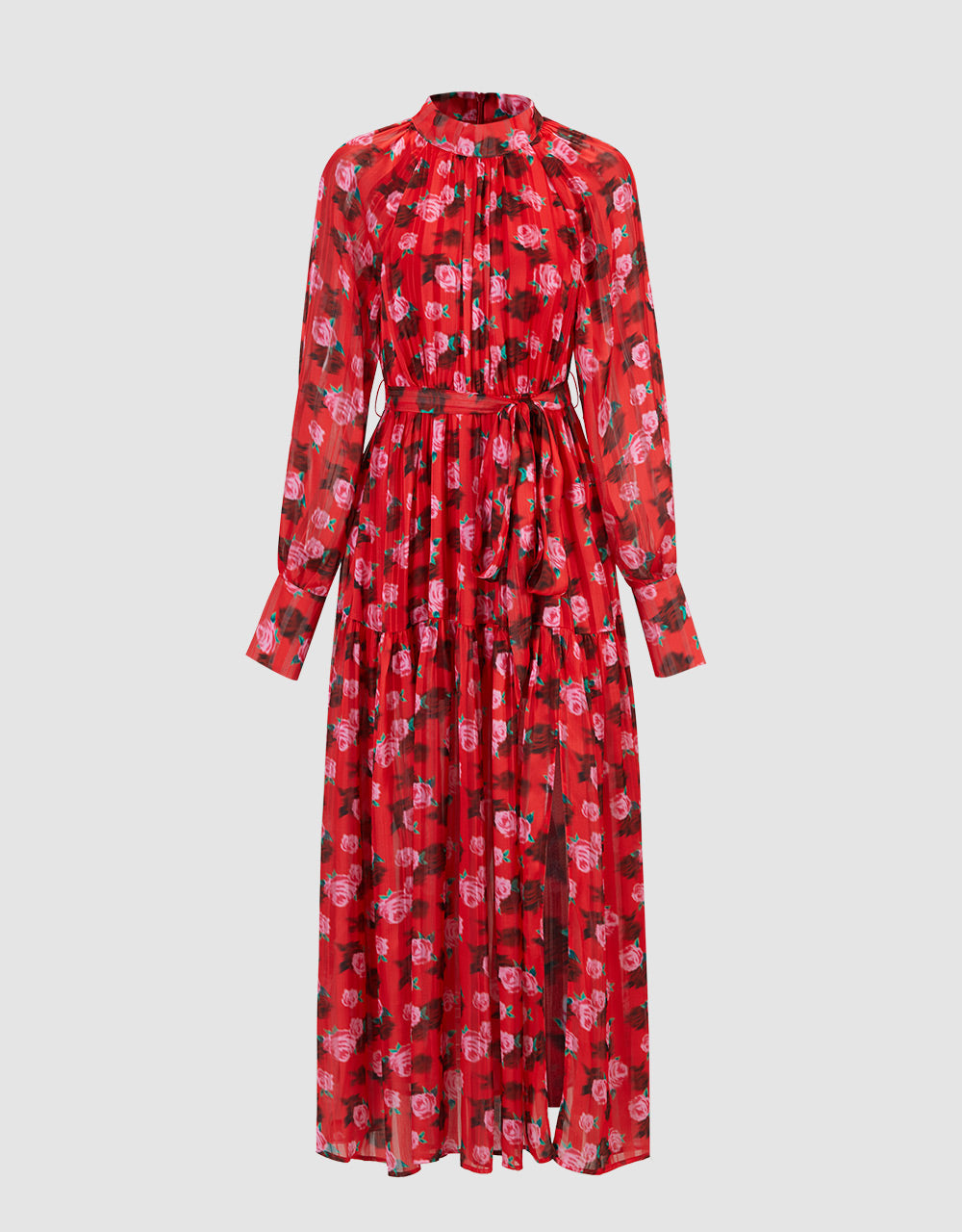 7 Floral Print Belted Maxi Chiffon Dress