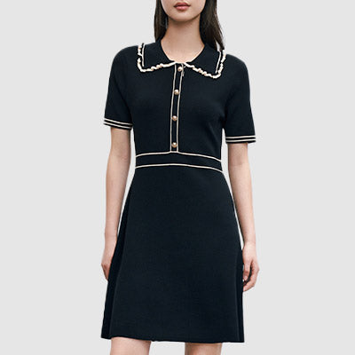 7 Contrast Trim Half Button Knitted Dress